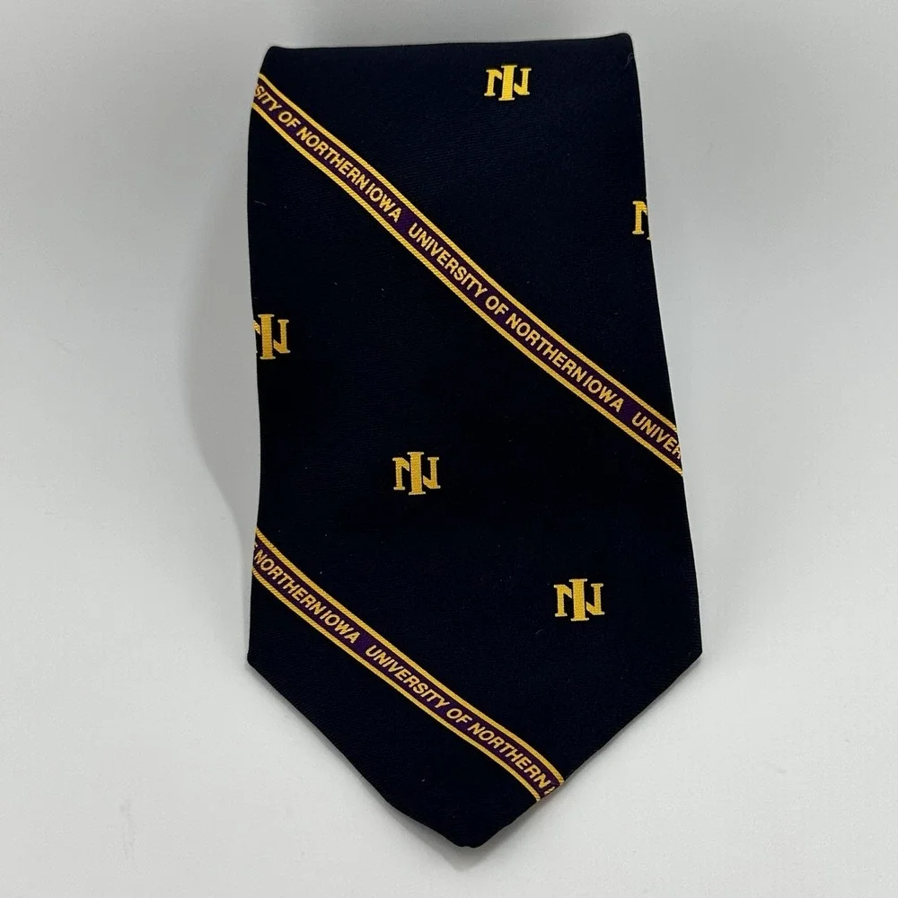 University of Northern Iowa UNI 100% Silk Necktie Schreter Navy Purple Gold